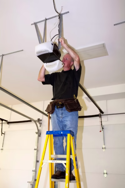 Man on ladder installing a garage door opener in a residential garage, illustrating home service and repair expertise relevant to garage door companies.