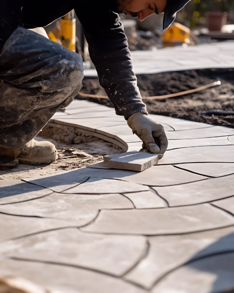 Worker installing paver stones on a hardscaping project, showcasing landscaping services for outdoor spaces.