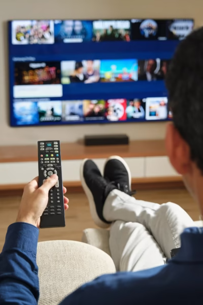 Person holding a remote control while watching streaming content on a television, illustrating the shift to OTT advertising for home service providers.