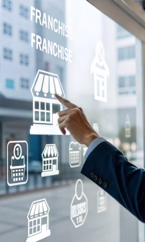Person in a suit pointing at franchise icons on a glass window, illustrating franchise marketing services for home services businesses.