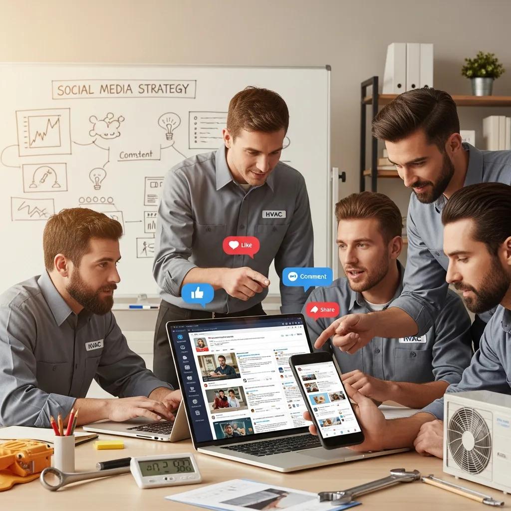 HVAC professionals discussing social media marketing strategies