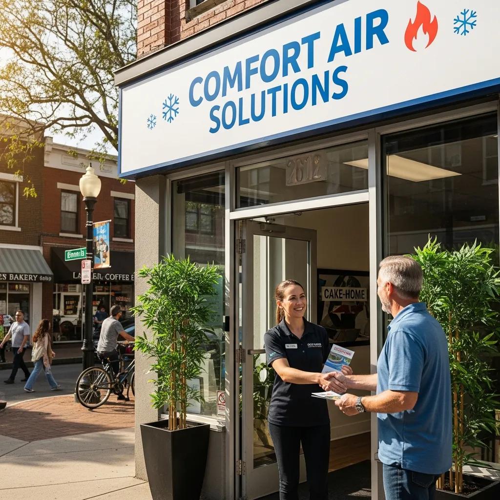 Local HVAC business storefront with staff engaging with customers in a vibrant neighborhood