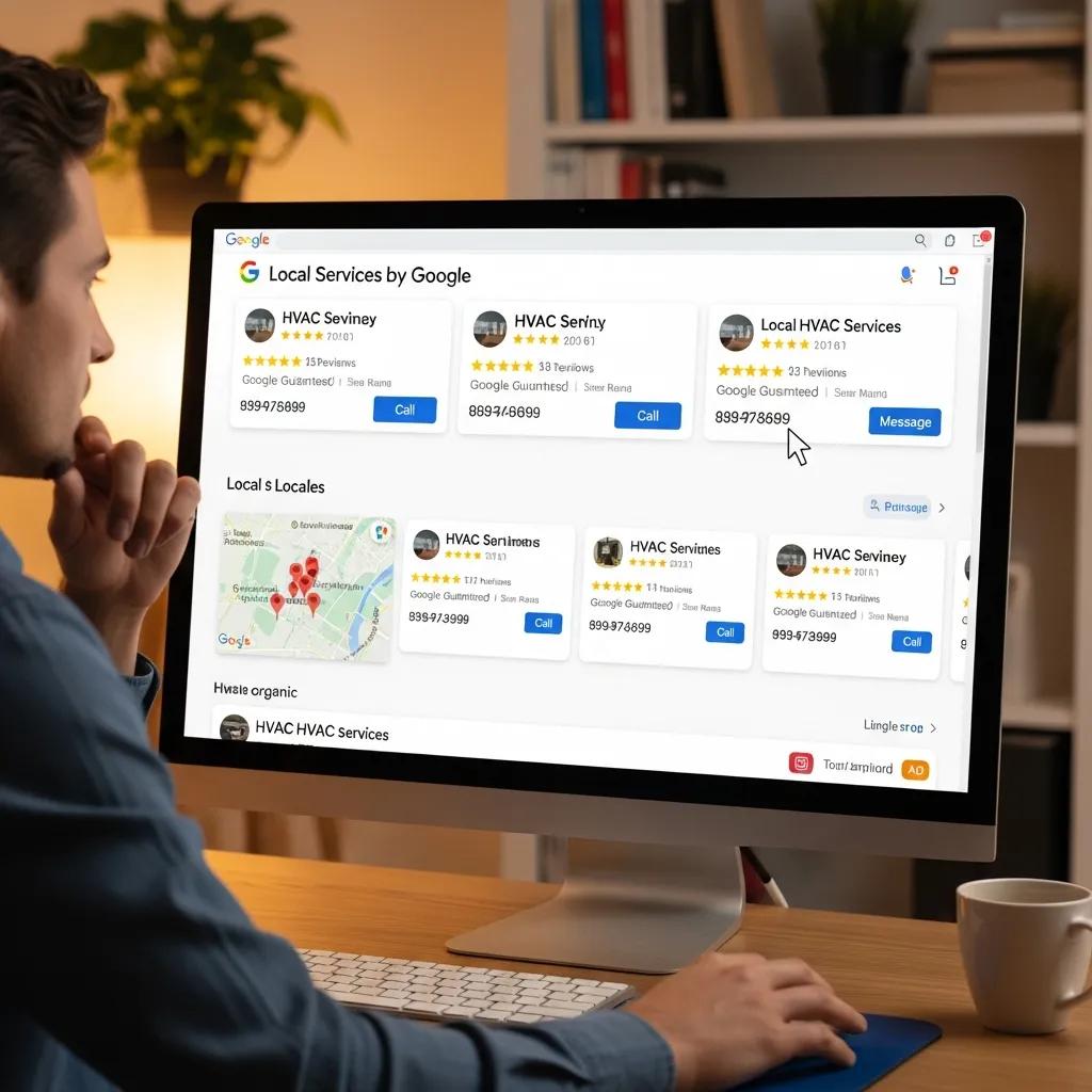 Person analyzing local HVAC service listings on a computer screen